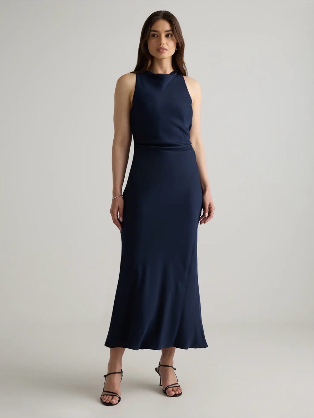 Quince Washable Stretch Silk High Neck MIDI Dress in Navy Size Small 899